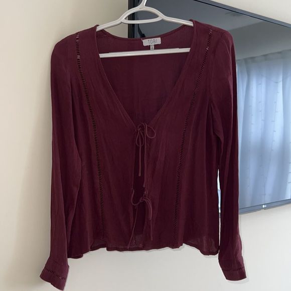 Tobi Burgundy Tie-Front Blouse - Picture 2 of 2
